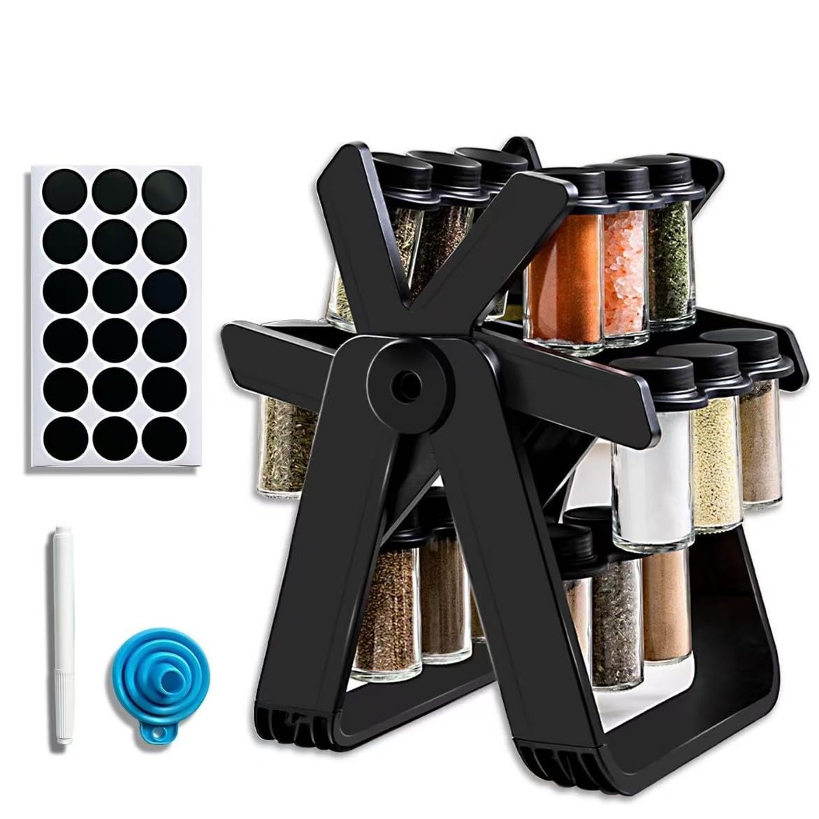 Organizador de especias giratorio de 360 grados, con rueda de la fortuna, estante para especias con 18 tarros de especias de cristal, organizador de especias para encimeras de cocina, armarios