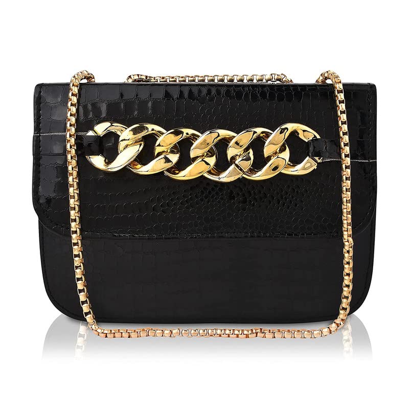 REHBAR PU Leather Crocodile Pattern Non Detachable Shoulder Chain Strap Magnetic snap closure Stylish Women's Sling Bag (SL115)