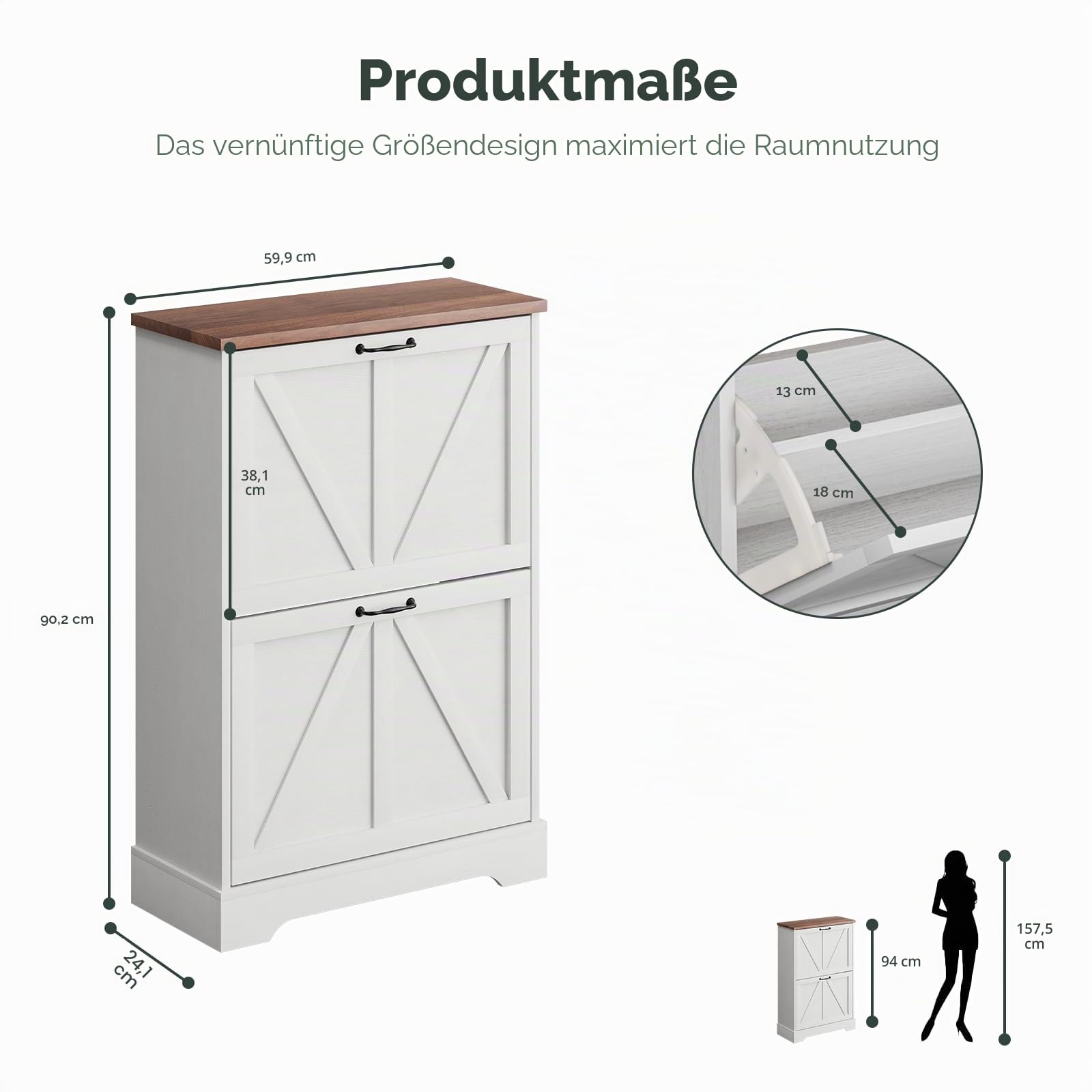Smart FENDEE Schuhschrank, Schuhschrank für den Eingangsbereich, mit 2 Klappschubladen, schmaler Bauernhaus-Schuh-Organizer-Schrank, schmaler Schuhregal, Weiß