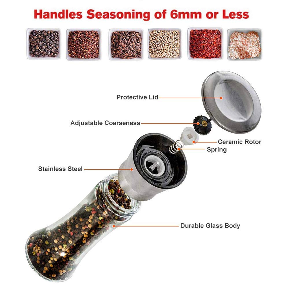 Yugefom Salt and Pepper Grinder - Premium Stainless Steel and Glass Mill with Adjustable Coarseness - Kitchen-to-Table Use 1