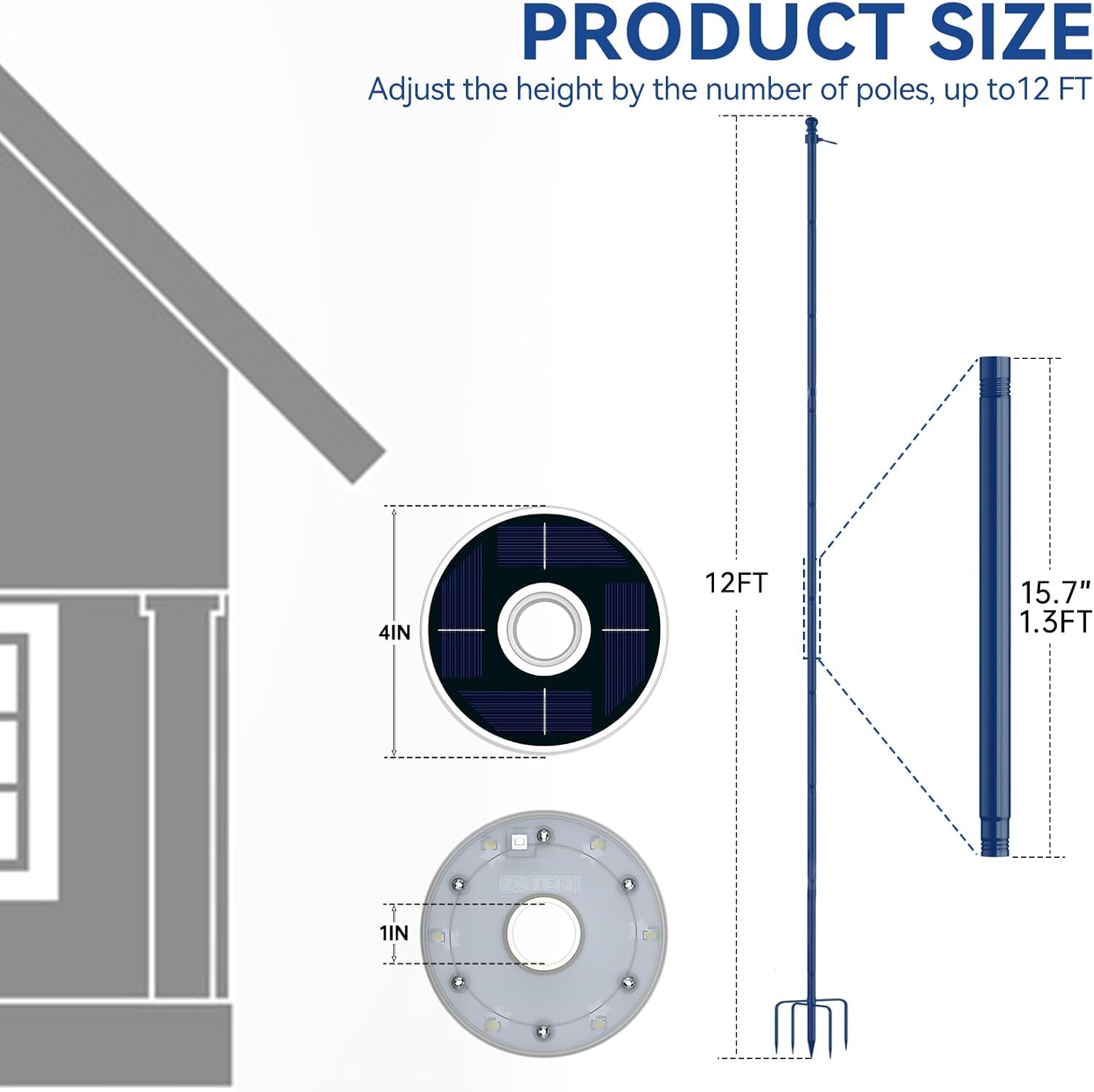ZMTECH 12 FT Heavy Duty Flag Pole with Solar Light & 5 Pronges Base in Ground for Yard, Tangle Free Spinning Stainless Steel,Windproof, Fit for 2 Flags, 1 Pack, Blue