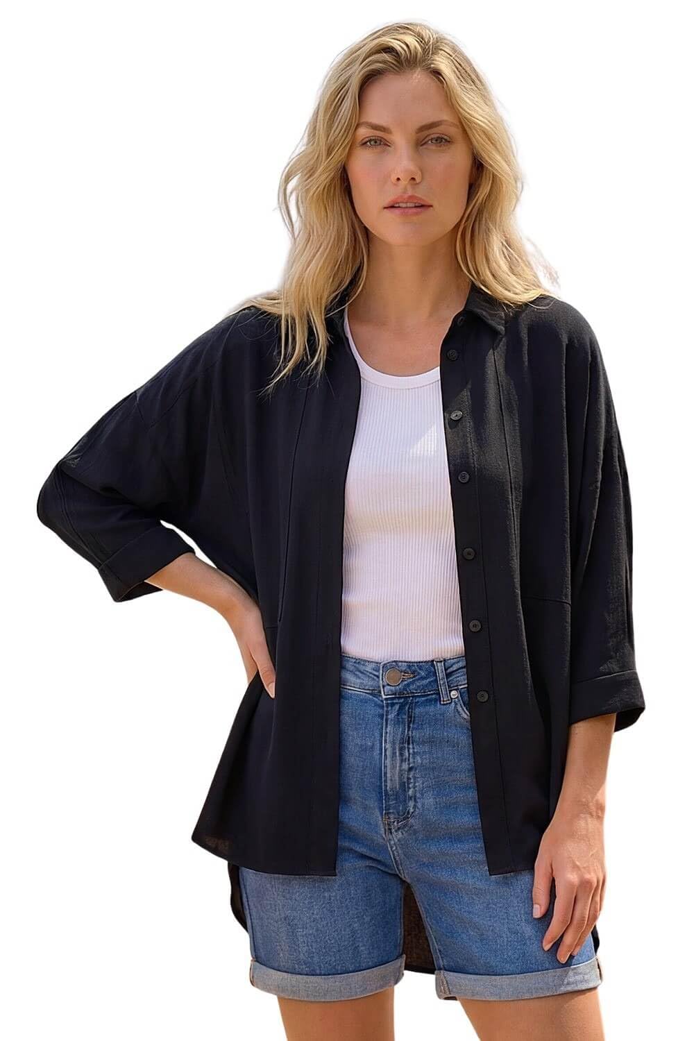 Roman Relaxed Smart Stretch Shirt for Women UK - Ladies Spring Everyday Summer Break 3/4 Length Sleeve Soft Classic Collar Comfy Lightweight Blouse Vacation Tops Black