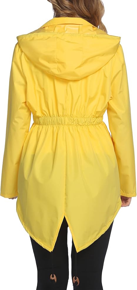Zeagoo Regenjas voor dames met capuchon & zakken, lang, regenjas, windbreaker, softshell jas, waterdicht, ademend, voorjaars regenjas, damesjack, outdoor, overgangsjas, trenchcoat, geel, maat-S