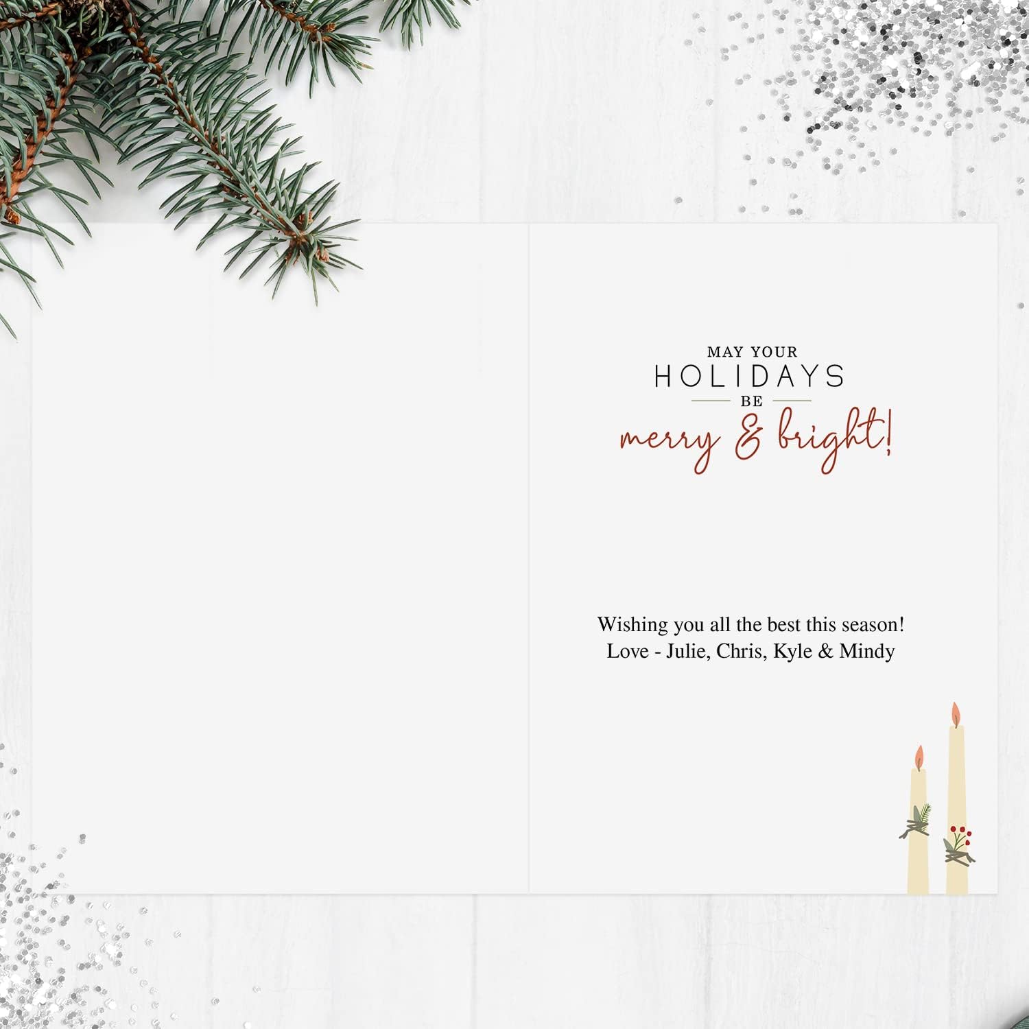 Happy Holidays Personalized Note Cards / 24 Modern Greenery Floral Business Or Personal Greeting Cards / 6 1/4" x 4 5/8" Customized Illustrated Woodland Christmas Design