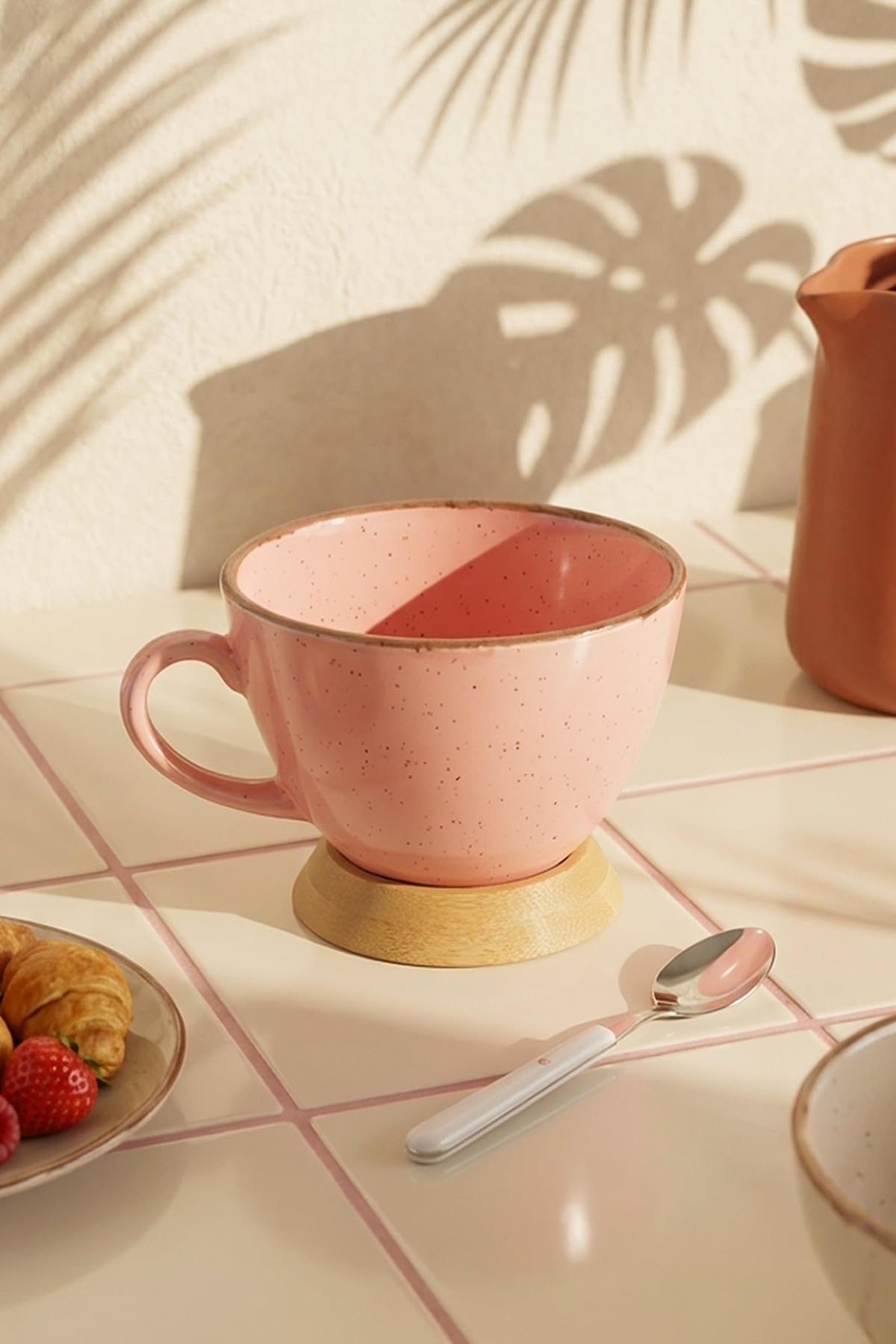 Tazza in porcellana con fondo in bambù, 300 ml, tazza da caffè con manico, tazza da tè per caffè, latte e tisane, ciotola da dessert, 11 cm, design screziato