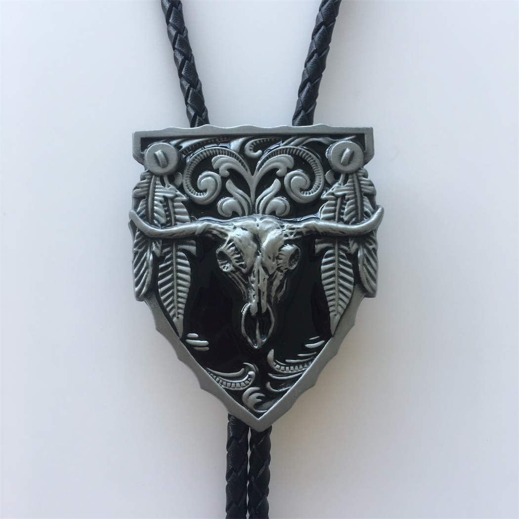Bolo Tie for Men,Cowboy Necklace,Vintage Black Enamel Long Horn Bull Bolo Tie