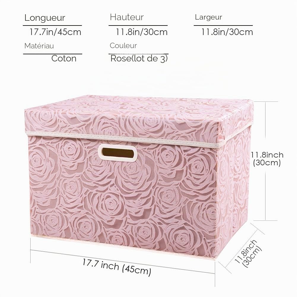 Prandom Grandes boîtes de rangement pliables avec couvercles [3 paquet] Boîte de rangement décorative en tissu Organisateur de cube, rose 43 x 30 x 30 cm