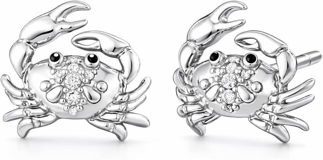 2D Crab Ocean Beach Cancer Zodiac Stud Earrings Hypoallergenic Jewelry Gift with 925 Sterling Silver Back Posts