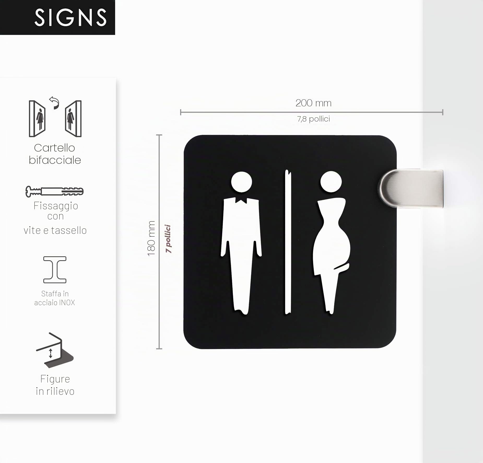 Signs - Segnale bifacciale a bandiera Nero, a rilievo - Bagno Uomo Donna, restroom, toilette, WC. Cartello sporgente per corridoio e ambienti. (Elegant Nero - Uomo,Donna)