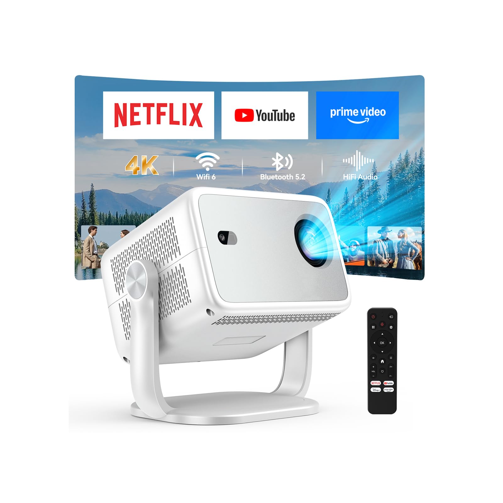 2026 Huidun PT10 プロジェクター 家庭用・Netflix対応・4K 対応、1500 LM、 360°回転 プロジェクター 天井 短焦点 200'' 、WiFi6 Bluetooth 簡単接続 HiFiスピーカー内蔵 、自動フォーカス／自動台形補正／自動スクリーンフィット／自動障害物回避／ ホームプロジェクター