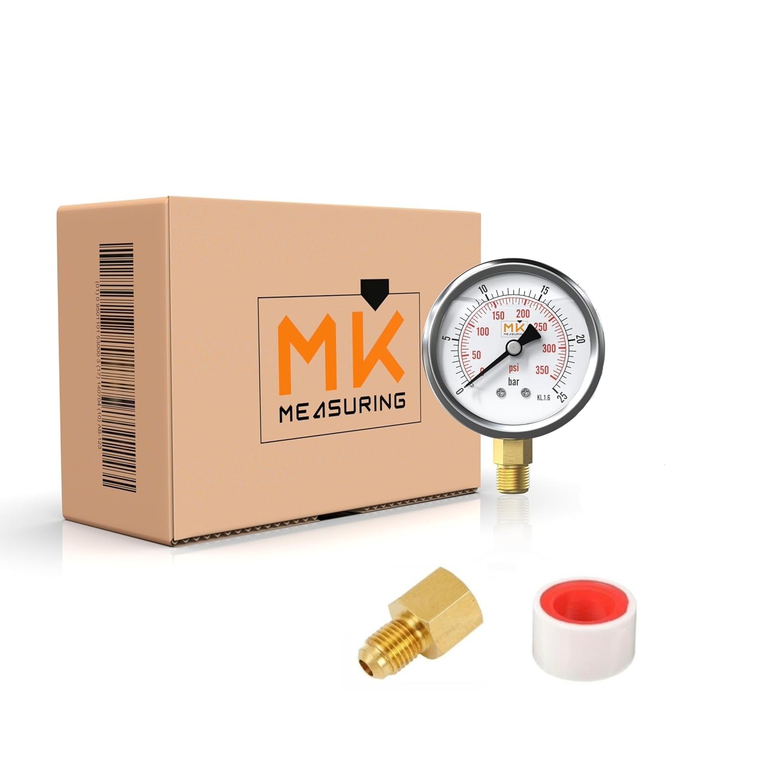 Glyzerin-Manometer 0–25 bar, Anschluss 1/4 NPT, Edelstahlgehäuse mit Teflon und Adapter 1/4 NPT auf 1/4 BSP, Kompressionstester, Luft-, Reifen-, Wasser-, Gas- und Benzindruck