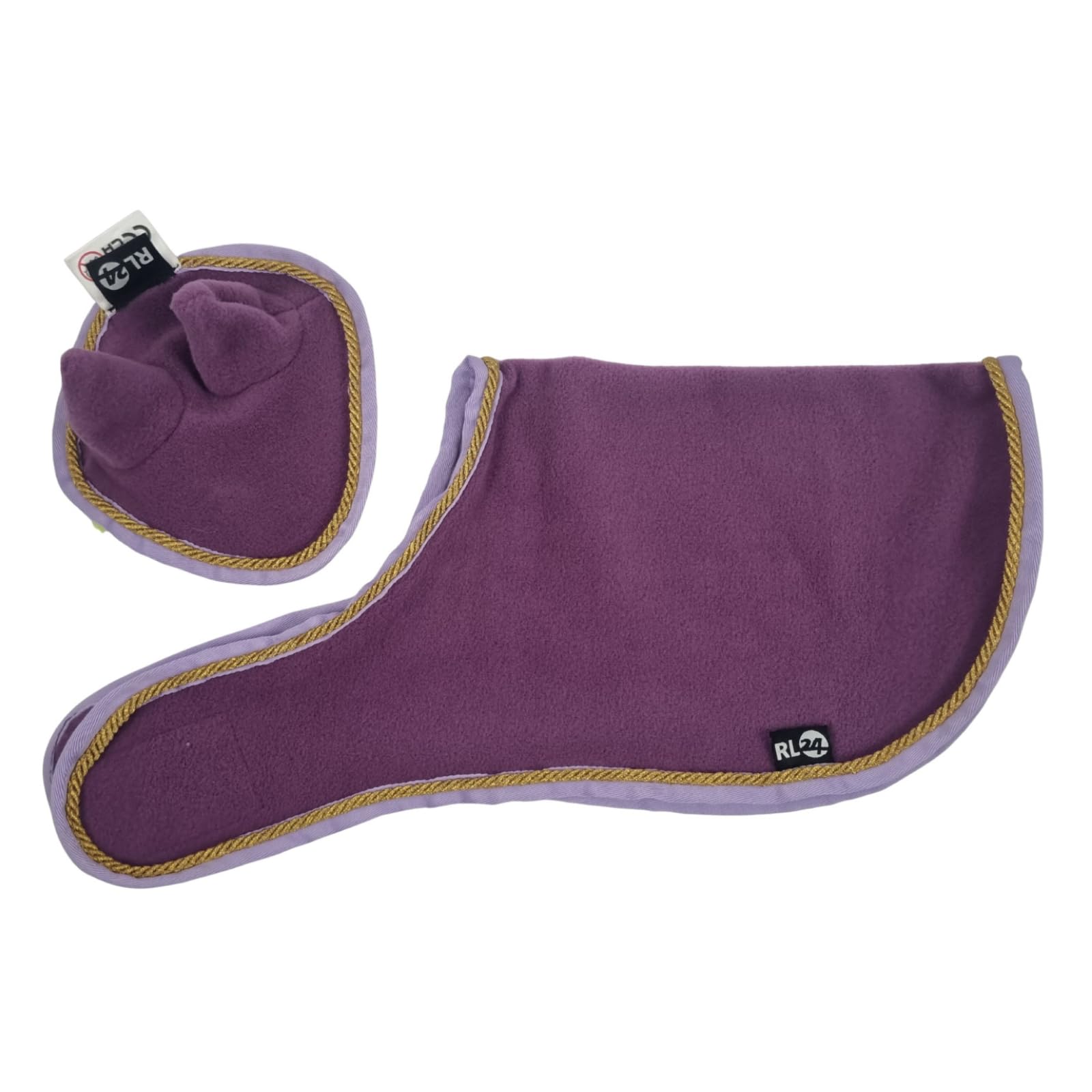 RL24 - Hobby Horse Fleecedecke & Fliegenhaube – Spielzeug Pferdedecke zum Anbringen am Hals des Stockpferdes – Haube zum Aufsetzten auf die Ohren von Steckenpferden – Lila
