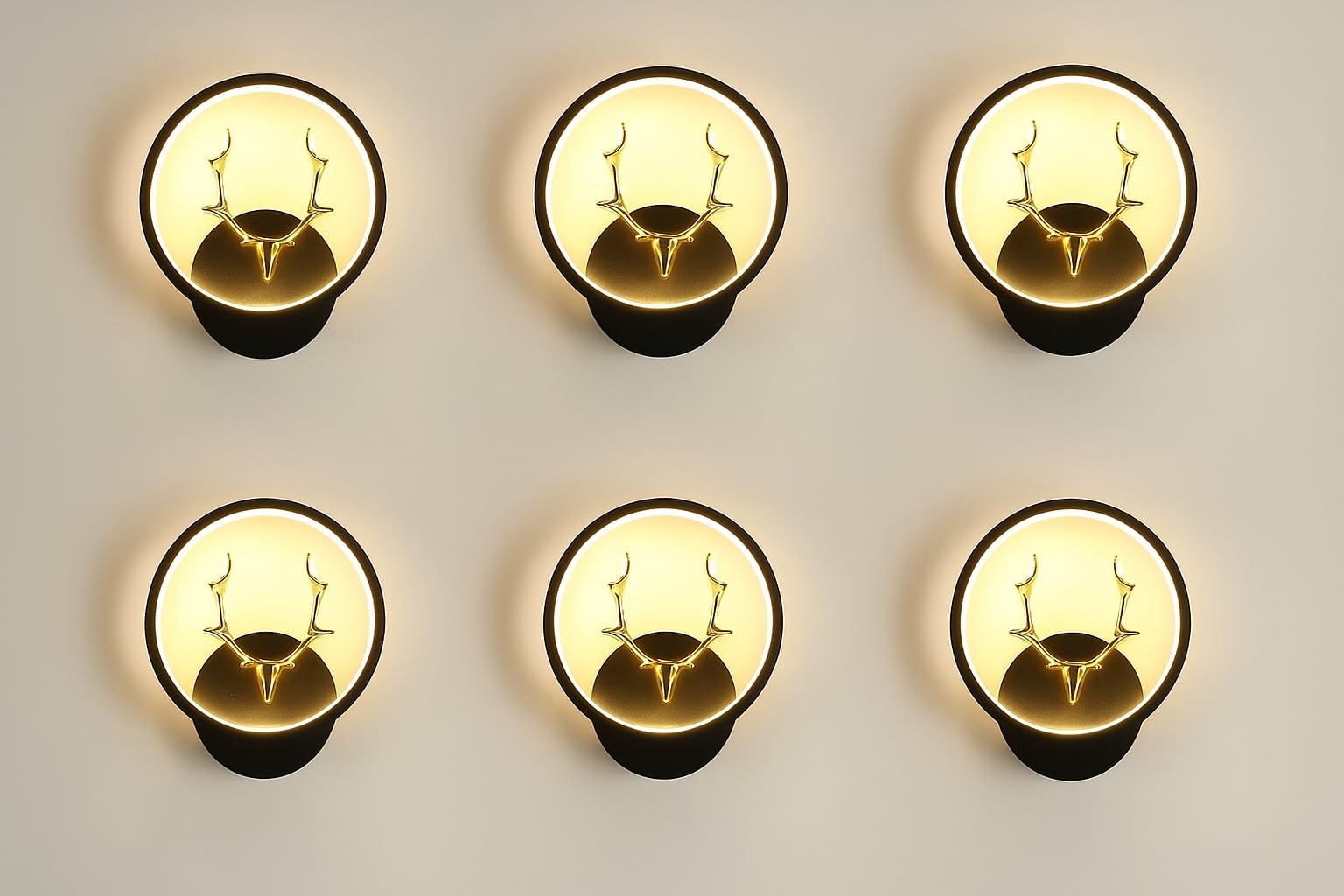 Desidiya Round LED Wall Light with Golden Deer Head Decor Several Color Modes, Creative Flush Mount Wall Lamp for Bedroom, Living Room, Hallway & Interior Décor | Energy-Efficient Pack of 6