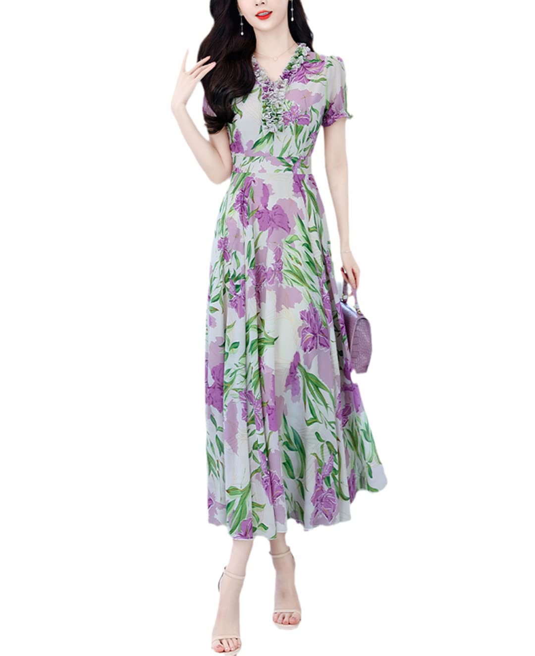 Abito lungo da donna, in chiffon, floreale, alla moda, elegante, con scollo a V, abito midi
