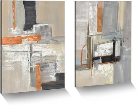 Abstract Neutral Canvas Wall Art 2 Pieces Minimalist Painting Modern Gray Beige Artwork for Bedroom