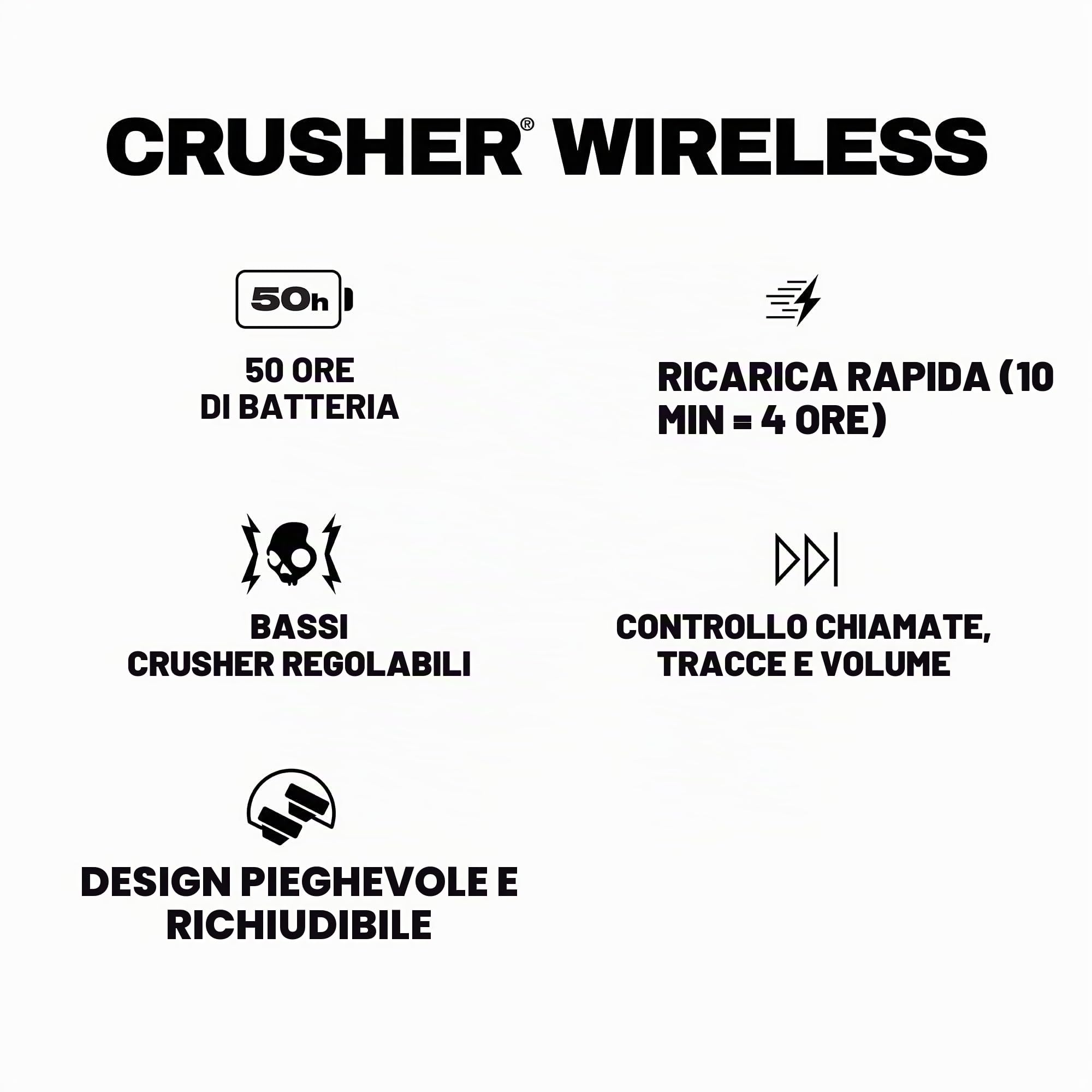 Skullcandy Crusher Bluetooth Wireless Over-Ear Cuffie con Microfono Integrato, Isolamento Acustico, Memory Foam, Stereo Haptic Bass Regolabile e Coinvolgente, Ricarica Rapida, 40h Autonomia, Nero