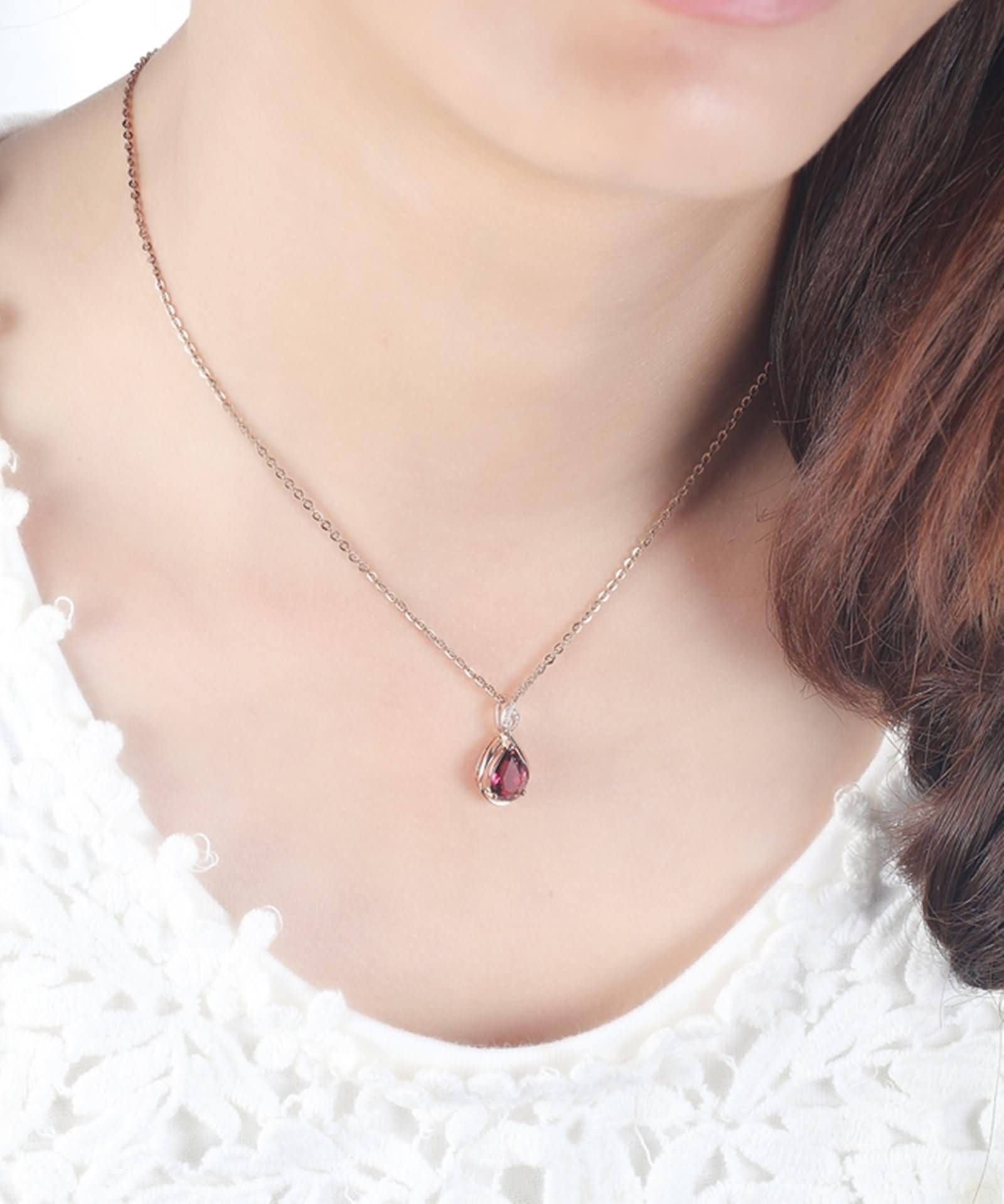 Donna Catenella per Collana Oro Rosa 9K / 14K / 18K, Goccia d'acqua con Tormalina Rossa da 1,44ct e Diamante, Collane Oro Rosa Donna