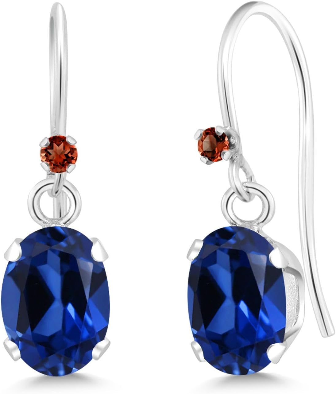Gem Stone King 925 Sterling Silver Blue Created Sapphire and Red Garnet French Wire Dangle Hook Earrings For Women (2.03 Cttw, Gemstone September Birthstone, Oval 7X5MM)