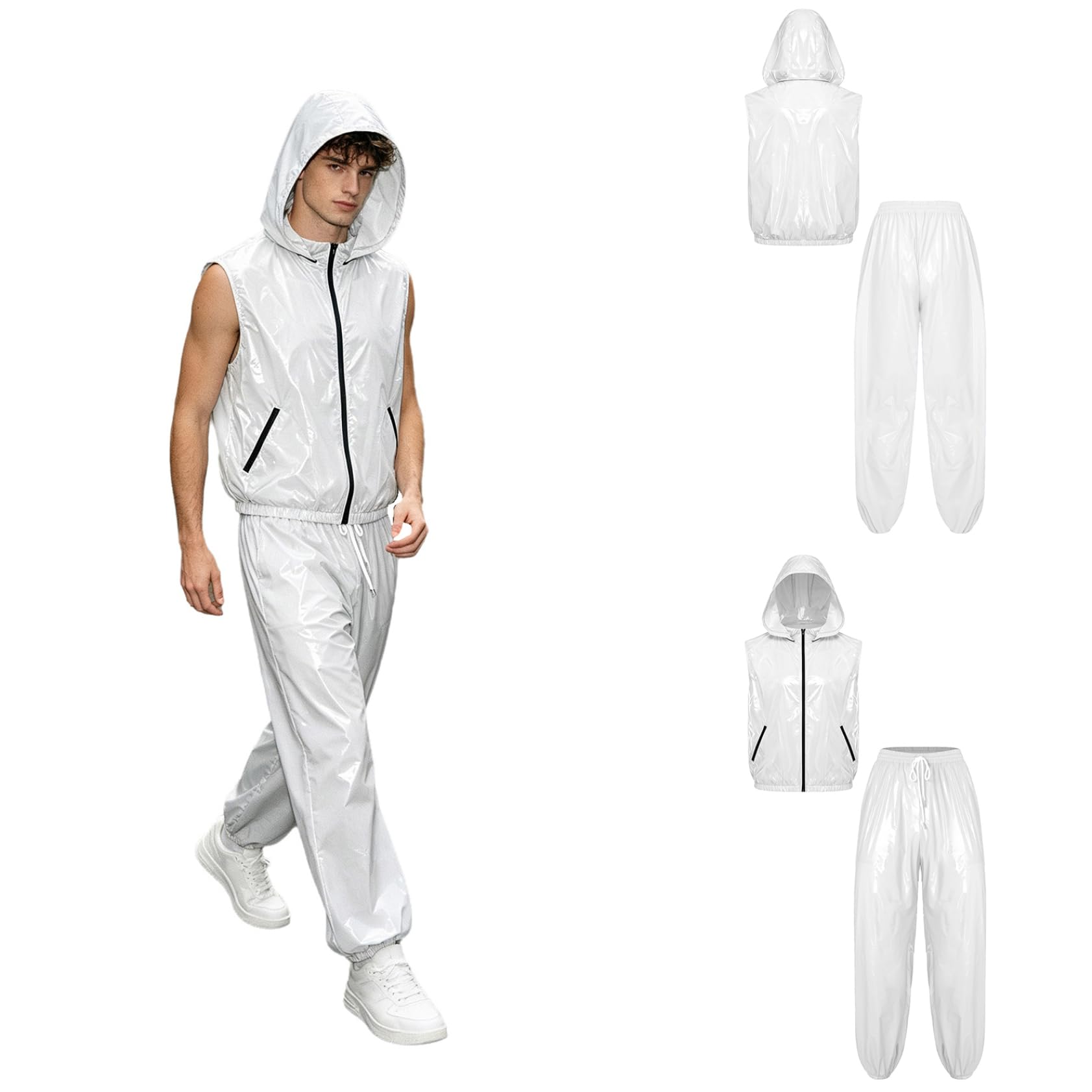 Linjinx Uomo Abbigliamento Felpa Uomini Set Pezzi Completo Sportivo Due | Pcs Set,Aspetto Lucido E Bagnato,Combinazione Con Cappuccio Festival Rave,Sport,Ciclismo,Palestra,Allenamento,Casual
