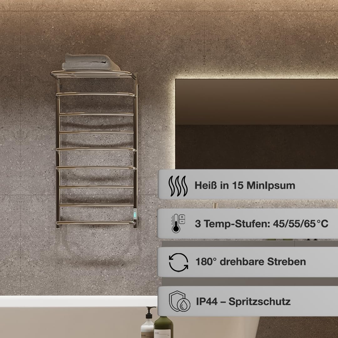 Elna Scaldasalviette Cromato - 168W - 1005x530mm - Elettrico con Ripiano - Per Bagno di famiglia & Casa - Acciaio Inox - Con Termostato, Timer & Eco - IP44 - Montaggio a parete