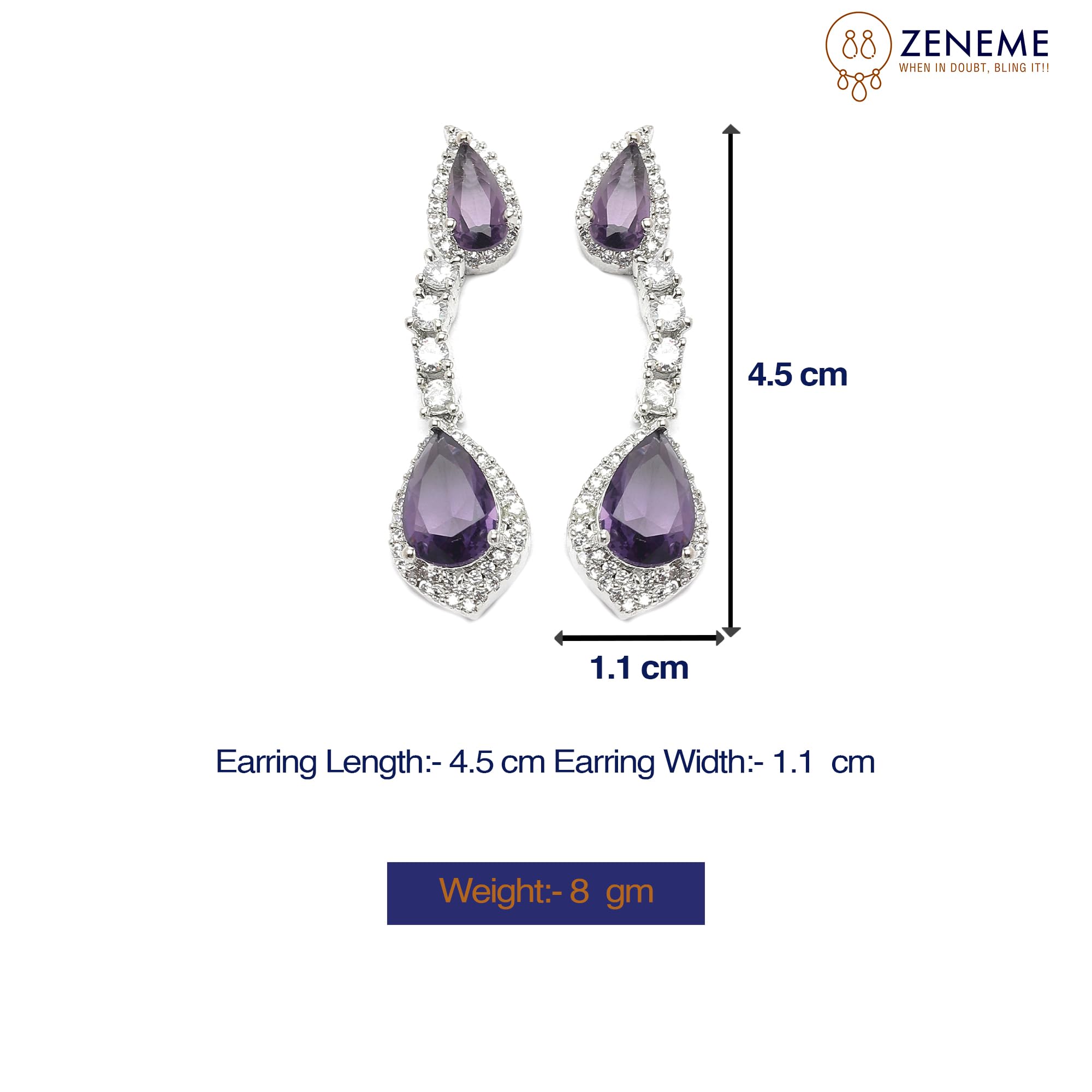 Rhodium-Plated Teardrop Drop Earrings with American Diamond