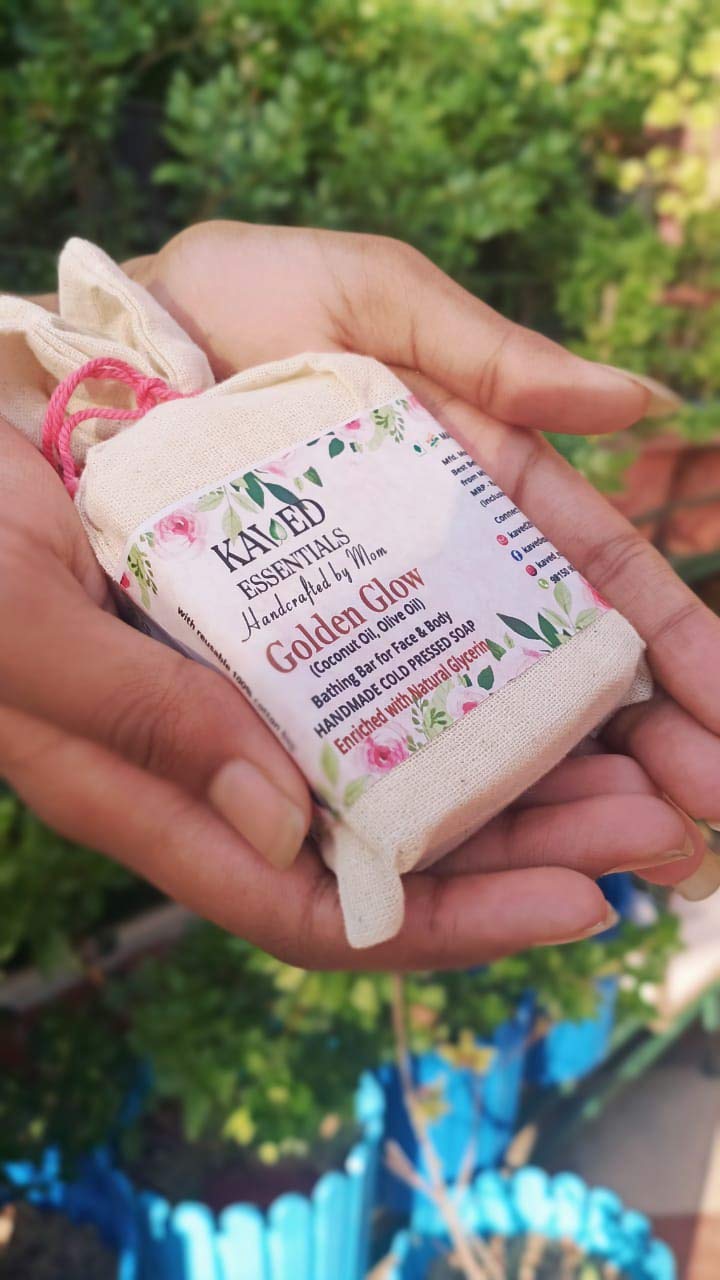 Kaved EssentialsGolden Glow (Olive Oil & Coconut Oil) Cold Processed (unscented) Handmade Soap with 100% cotton pouch daily use