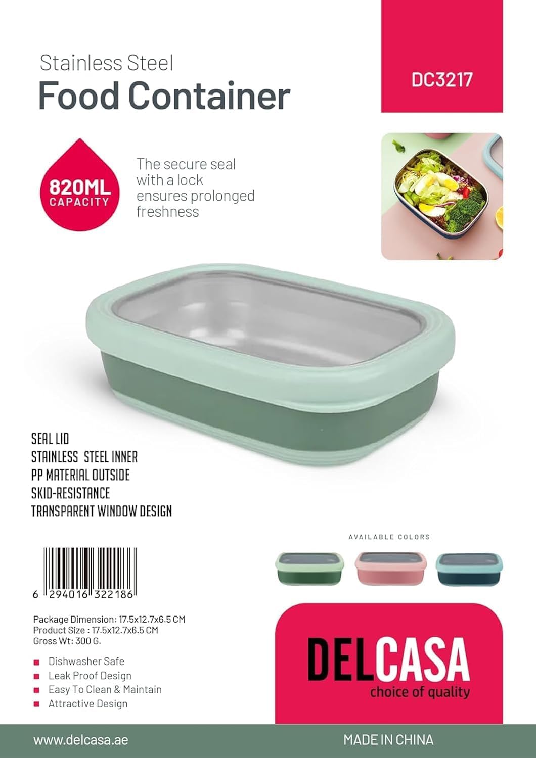 Delcasa DC3217 Rectangle Tiffin Box Food Container with Stainless Steel Inner with Seal Lid, 820 ml Capacity, Green