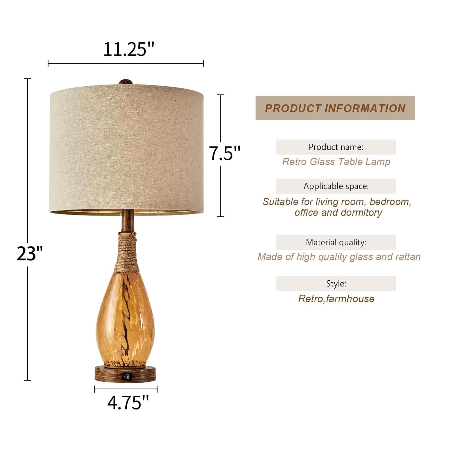 Lámpara de mesa USB A+C de 23 pulgadas para dormitorio, sala de estar, lámparas de noche modernas retro de casa de campo de ratán de cristal de mesita de noche (ámbar), dos puntos de luz 7
