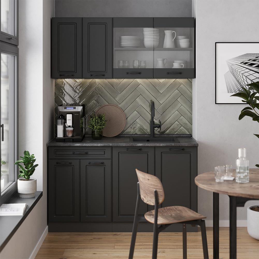 Vicco Singleküche R-Line, Anthrazit Landhaus, 140 cm ohne Arbeitsplatte, zur flexiblen Erweiterung mit weiteren Modulen geeignet