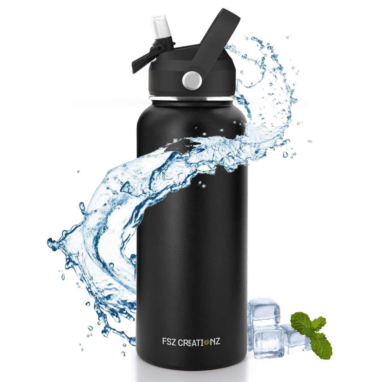 32oz stainless steel water bottle, vacuum insulated double walled, sports & leisure water bottle with leak proof flip lid & straw, 24 hours cold and 12 hours hot, black, bpa free