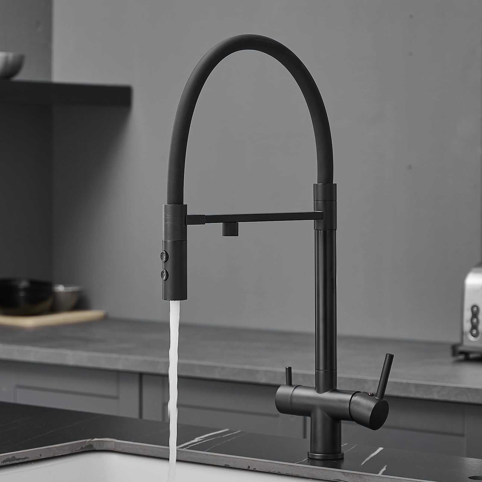 XJTNLB Grifo Cocina Osmosis 3 Vias Flexible Grifo Cocina 3 Vias Osmosis Extraible Oro Cepillado con Dos Asas