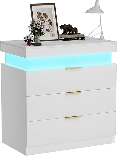 Mesita de noche LED con 2 cajones, mesita de noche con cajones de alto brillo para muebles de dormitorio, mesa auxiliar de cama con espacio de