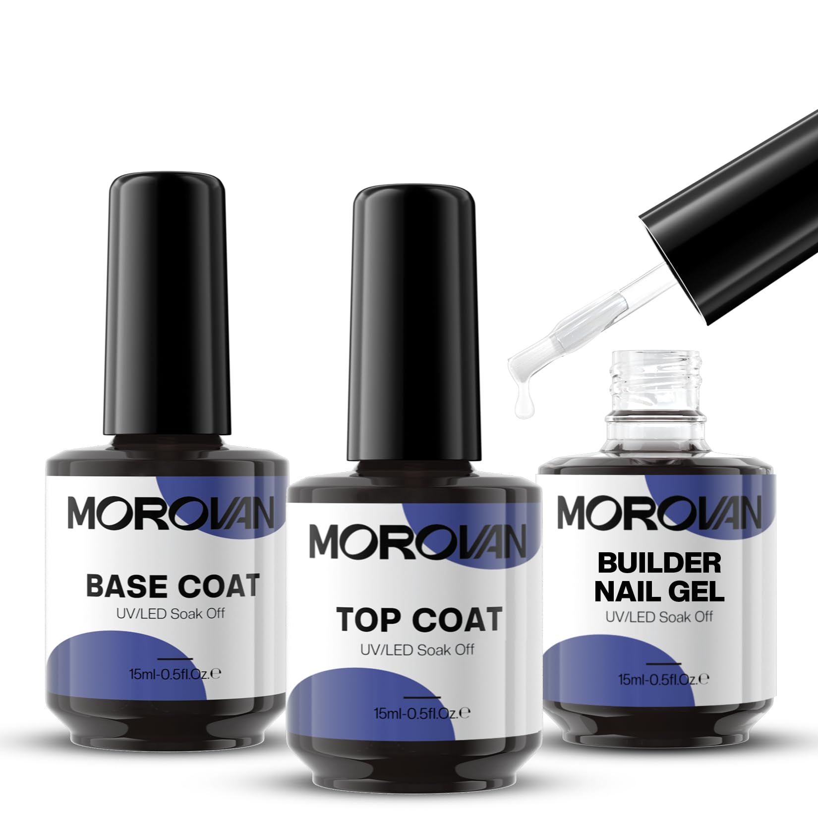 Morovan Builder Nail Gel with Gel Base and Top Coat 15ml - 3Pcs Clear Builder Gel Nail Kit for Nail Thickening and Nail Extension Nail Art Design DIY at Home, Long Lasting and Shine Finish