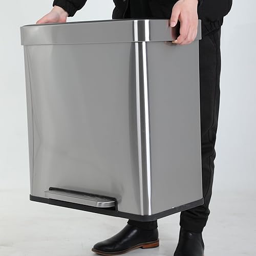 BLKMTY Bote de basura de 16 galones para cocina, cubo de basura doble con pedal, cubo interior, cubo de basura de acero inoxidable, contenedor de