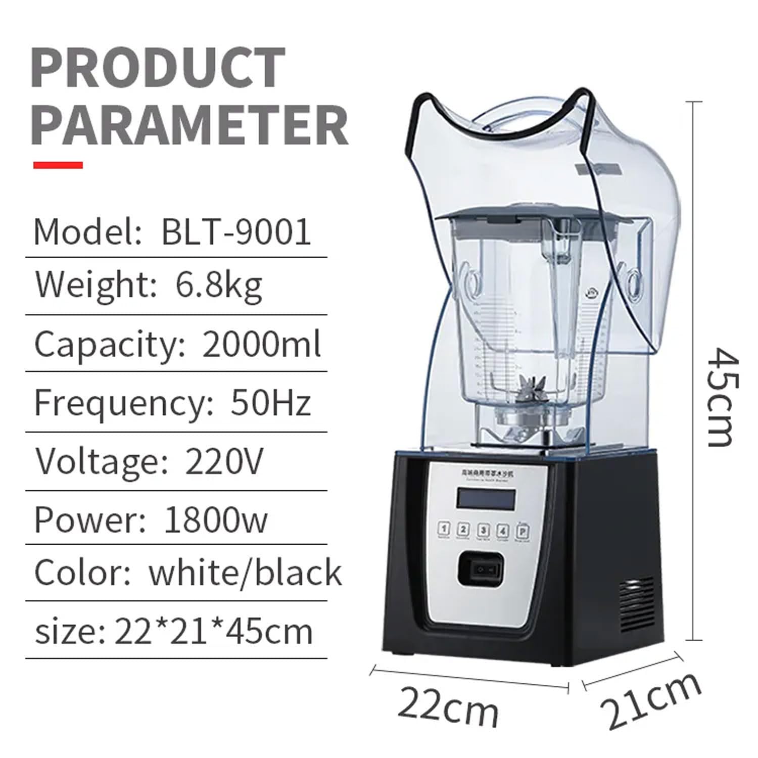 Frullatore Commerciale Da 1800 W, Frullatore Professionale Da 1500 Ml, 4 Spremiagrumi Multifunzione Preimpostati Con Copertura Insonorizzata, Mixer Silenzioso Per Frullati, Frutta, Verdura