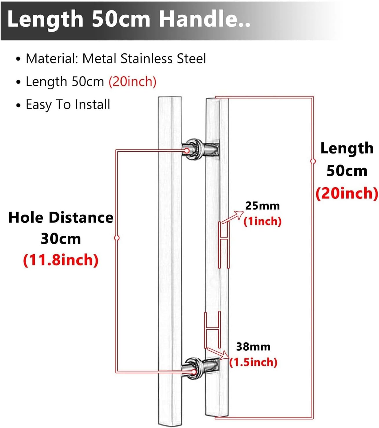 Modern Matte Black Sliding Glass Door Handle Square Shower Kitchen Door Push Pull Gate Bar/Grab for Commercial Residential Use(L50cm/20inch)