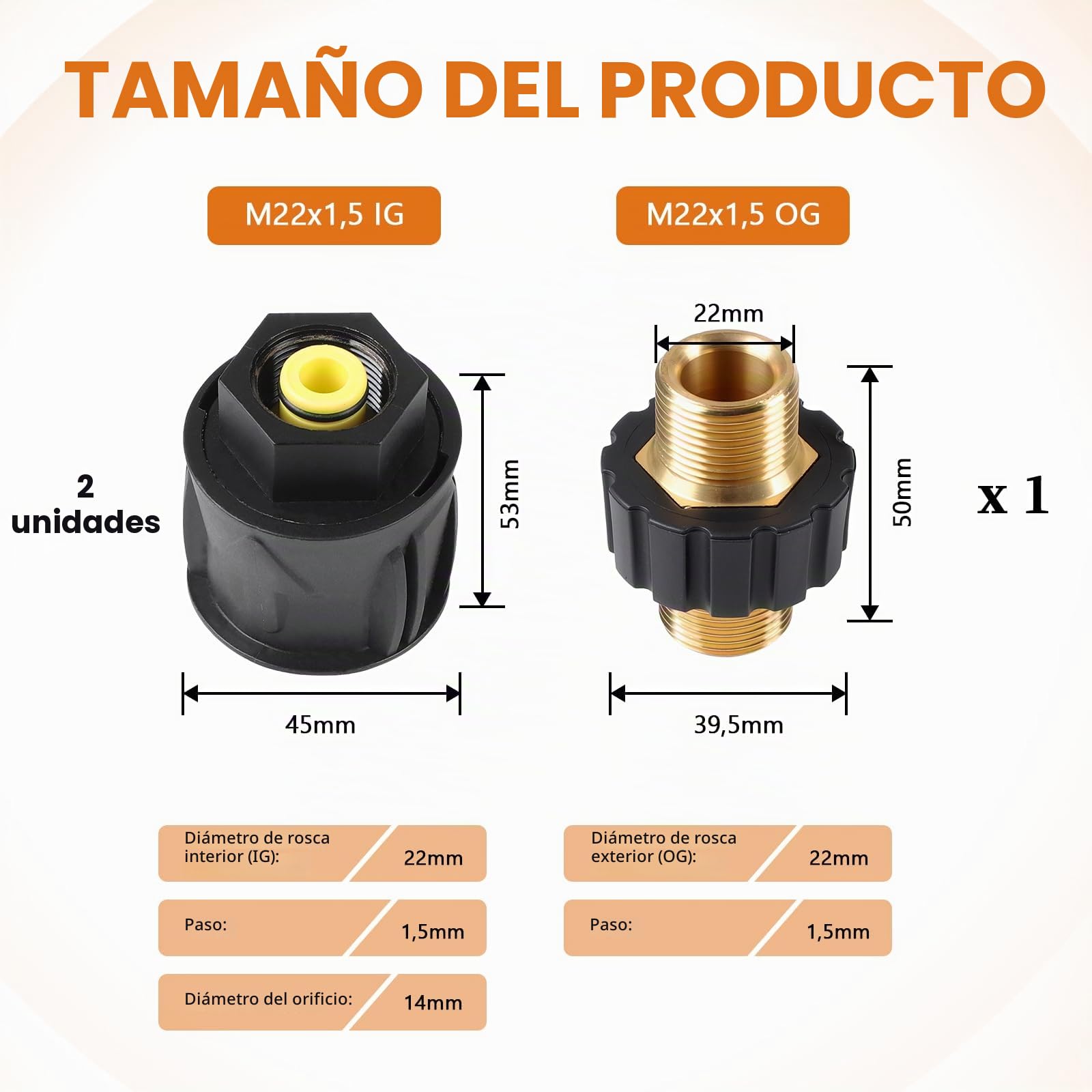 LALAGO Juego de adaptadores para limpiadores de alta presión, M22 x 1,5, diámetro del orificio 14 mm, Acoplamiento rápido para limpiadores de alta presión Kärcher
