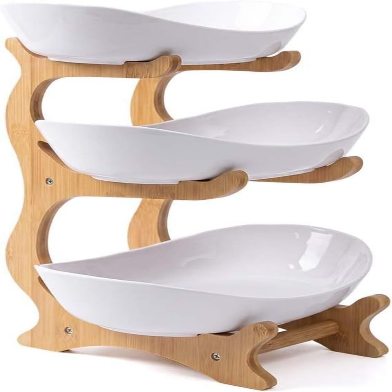 DUY 3 Tier Fruit Basket Stand with Bamboo Frame, Kitchen Counter Fruit & Vegetable Storage Organiser for Snacks and Produce (white,3 levels)