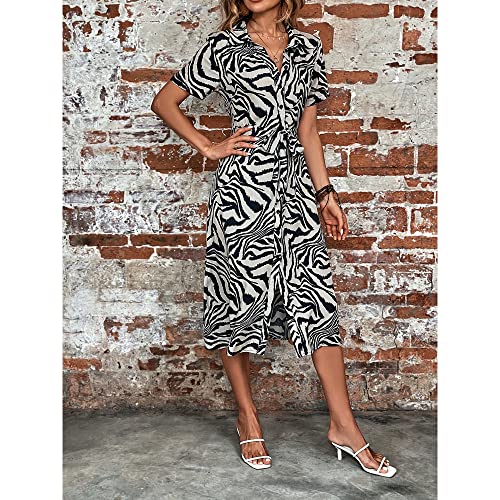 BROVAVE Women's 2025 Summer Short Sleeve Work Dresses Tie Waist Button Down Animals Print Midi A-Line Shirt Dress3