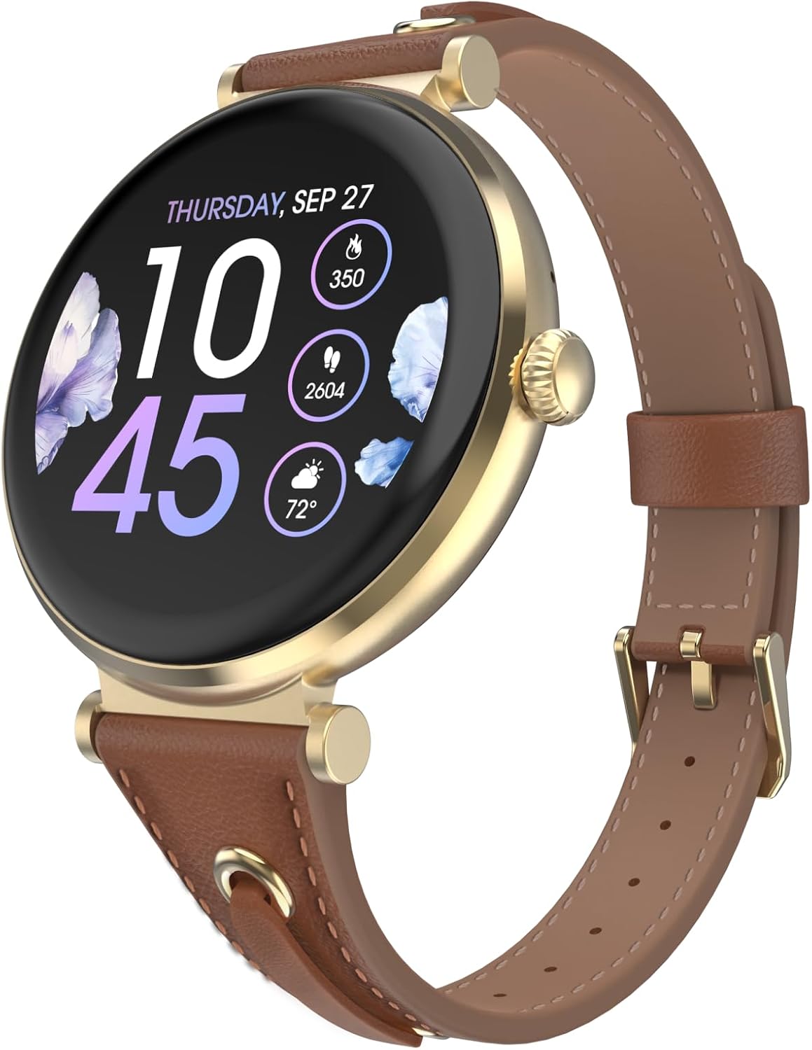 iTouch Bloom Smartwatch – 1.32” AMOLED Display, Bluetooth Calling, 60+ Sports Modes, Heart Rate, SPO₂, Sleep & Stress Monitor, IP68 Waterproof – Android & iOS (Gold/Brown w/PU Strap)