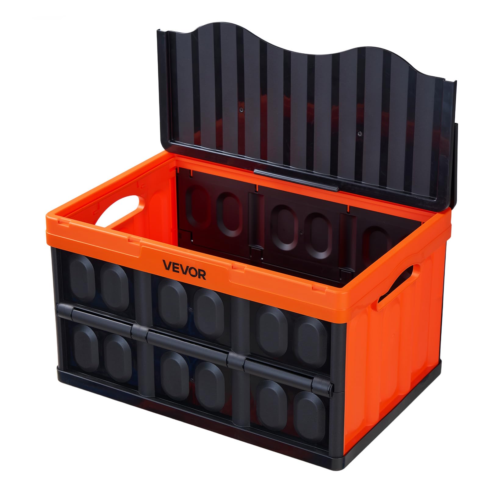 VEVOR Klappbox 45 L 3er-Pack, Faltbare Aufbewahrungsboxen aus Kunststoff, Stapelbare Klappkörbe mit Deckel, Tragkraft 20 kg pro Box, Klappkiste, Ideal für Haushaltsorganisation, Orange & Schwarz
