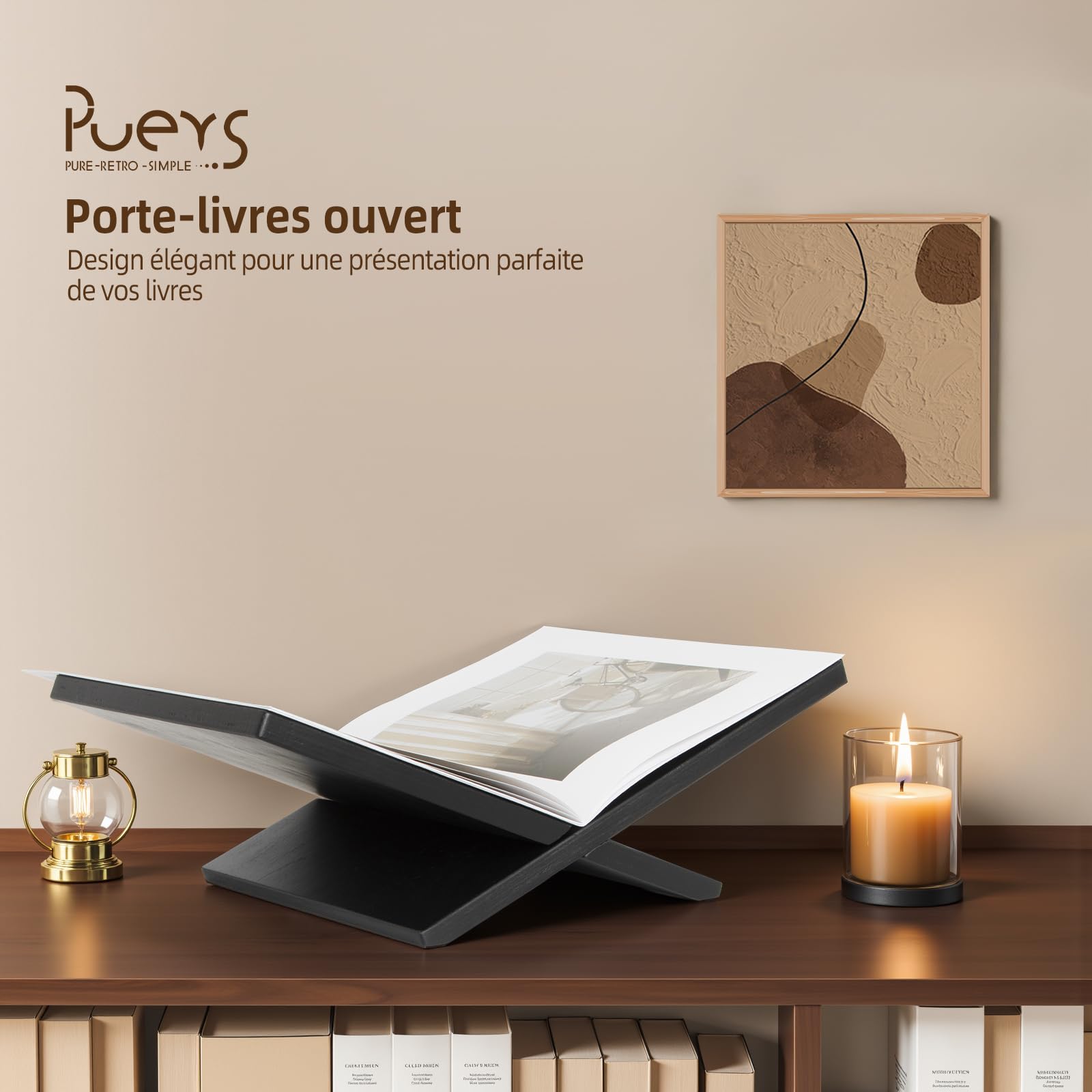 Puersi Support Livre Ouvert, Grand Porte Livre en Bois, Presentoir Livre de Table Basse, Porte Coran, Chevalet en Bois pour Magazines, Livres de Cuisine, Bible, Coran - Noir