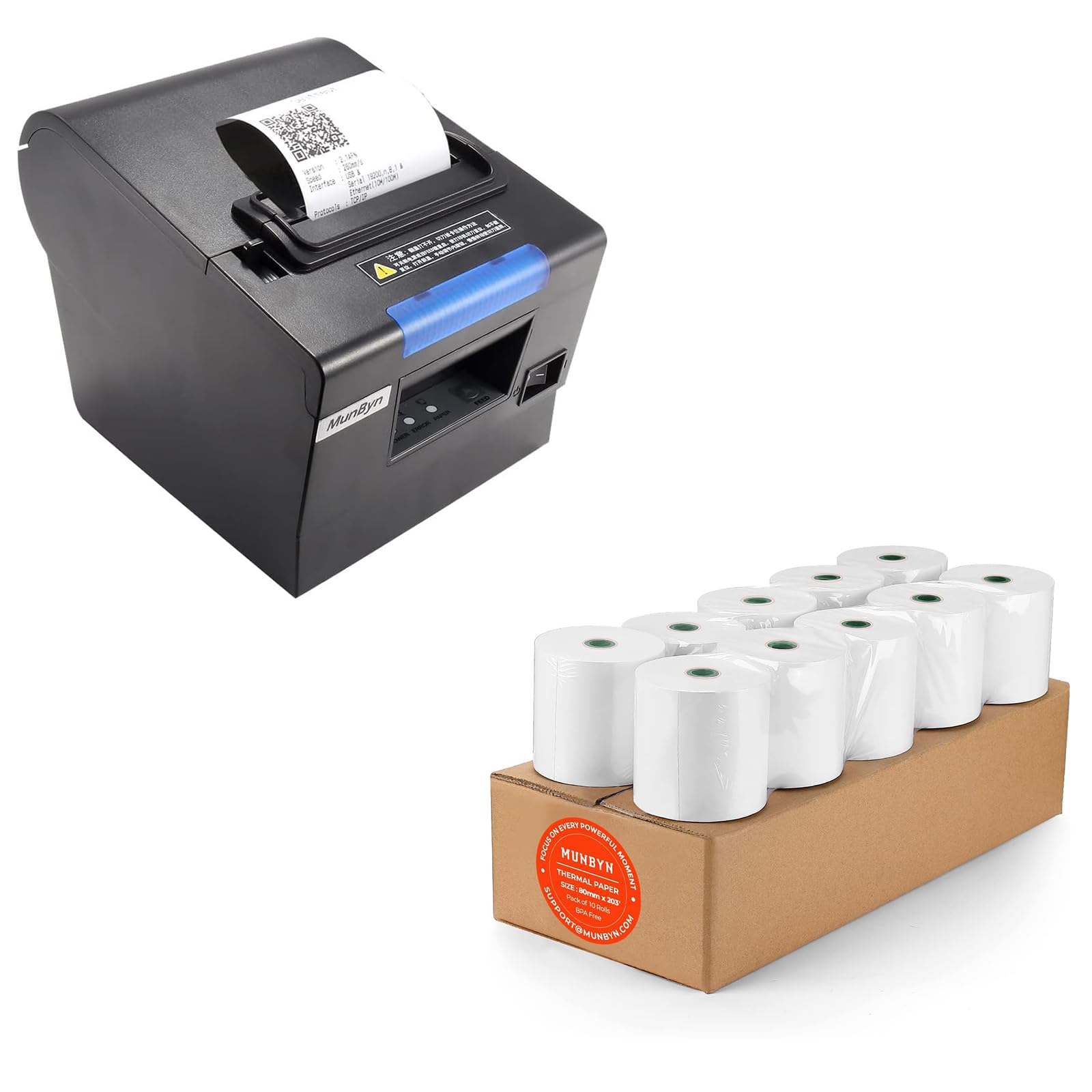 MUNBYN10 Rolls Thermal Receipt Paper 3 1/8 x 230ft and Thermal Receipt Printer P068BK, 80mm POS Printer
