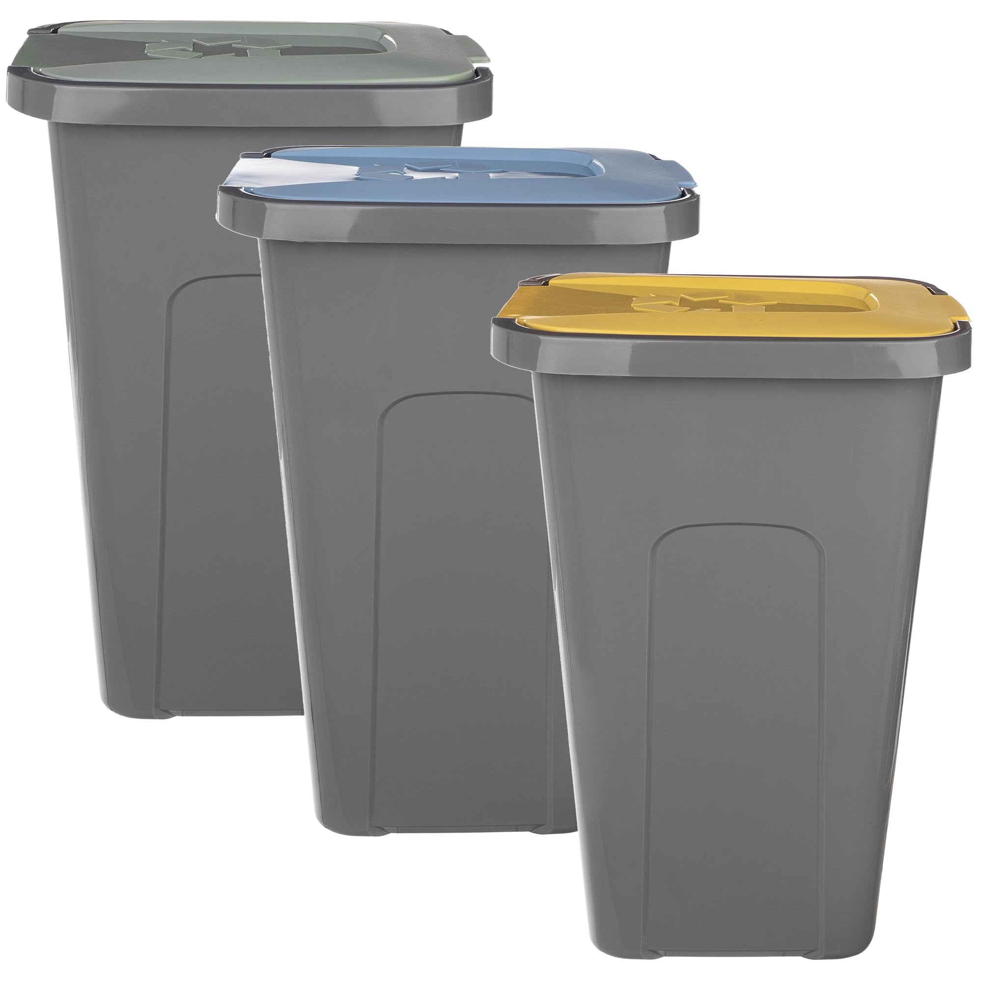 KADAX Lot De 3 Poubelles Tri Sélectif 30L – Jaune, Vert, Bleu – Avec Couvercle Hermétique à Charnière, Plastique Robuste Pour Cuisine Bureau Atelier