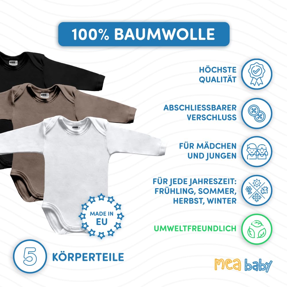 MEA BABY body niemowlęce z długimi rękawami unisex ze 100% bawełny po 5 sztuk, body niemowlęce z nadrukiem, body niemowlęce dla dziewczynek, body niemowlęce dla chłopców