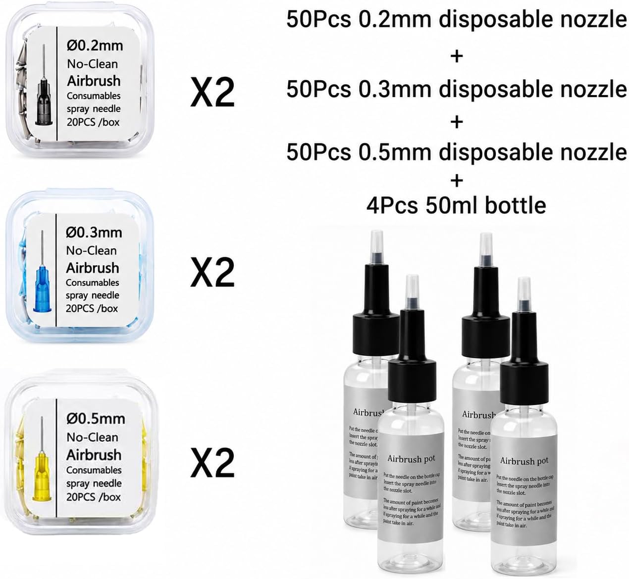 No-Clean Airbrush Accessories Kit, 120 Disposable Nozzles (0.2/0.3/0.5mm 40 Each), 4 x 50ml Paint Bottles, Silicone Caps & Storage Cases, Quick Color Change Airbrush Accessories