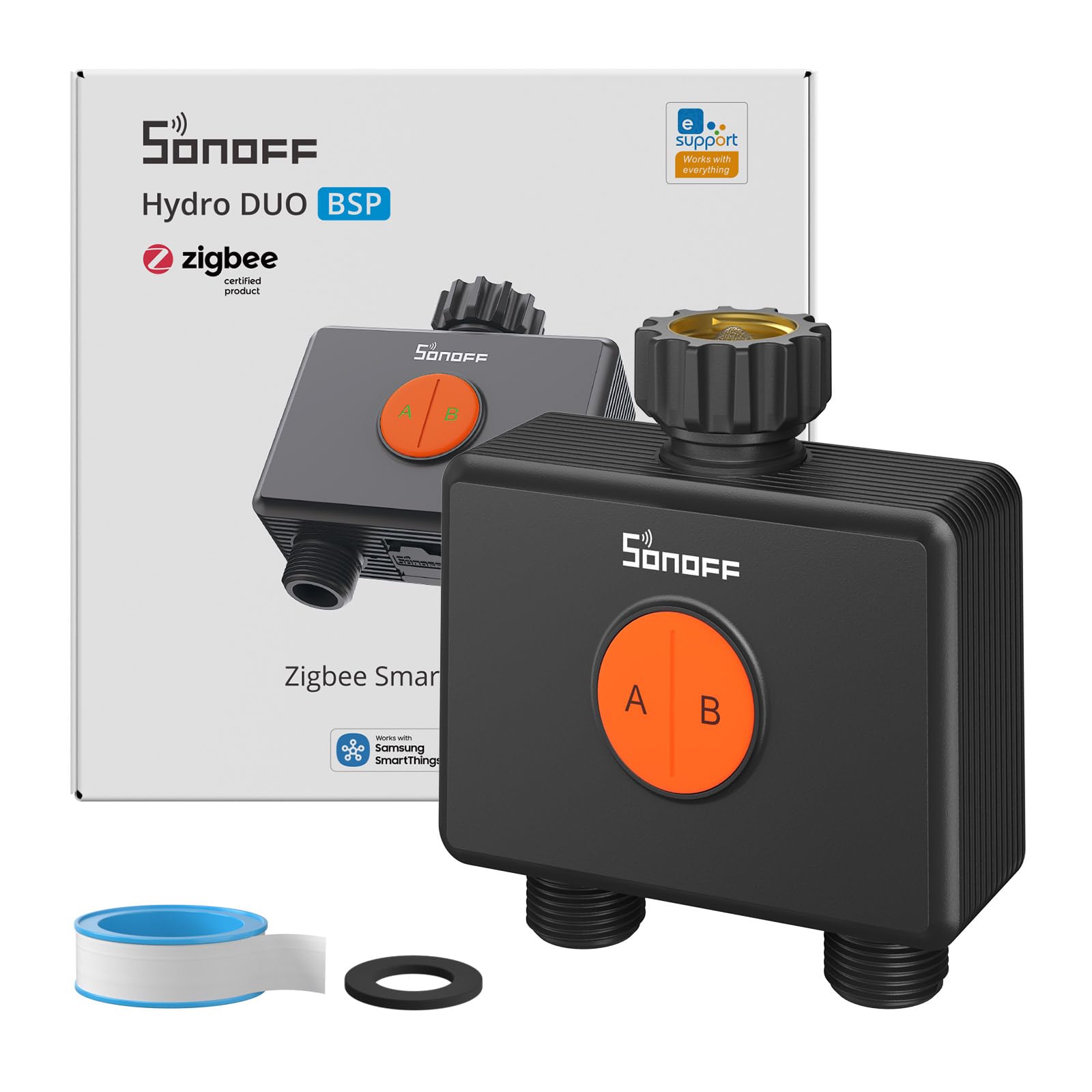 SONOFF SWV-ZF2E Hydro DUO Zigbee Smart 2 Zone Sprinkler Timer, Brass Inlet, IP65, Type-C & 4 AA Battery Powered, Weather-Adaptive with Flow Meter for Garden, Requires Zigbee Hub, Compatible with HA