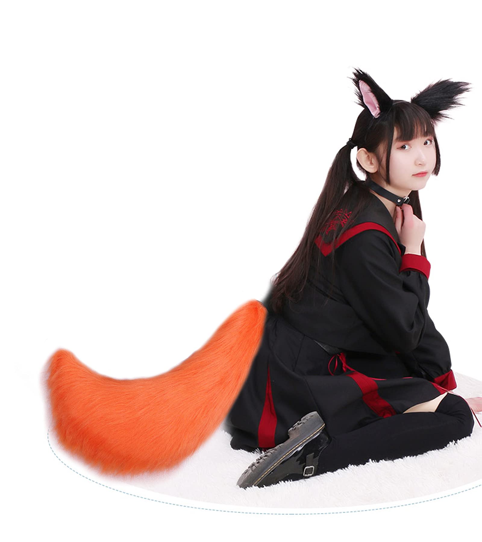 Fxaelian Faux Fur Animal Big Tail Fox Cat Dog Wolf Tail Set Halloween Cosplay Party Costume Accessory: Orange