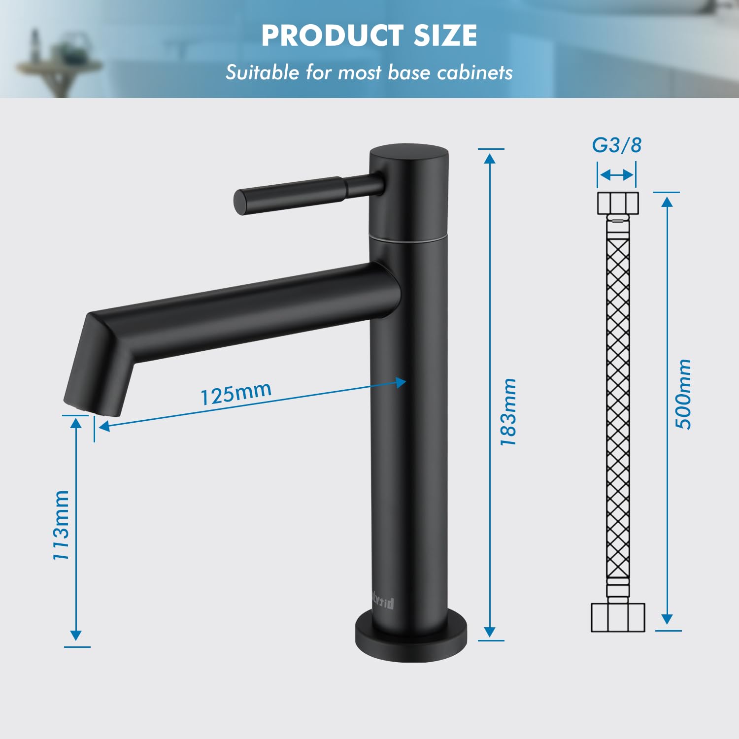 Robinet Eau Froide Uniquement Noir, Robinet Lave Main Salle Bain avec Mousseur Amovible, Acier Inoxydable avec Hauteur sous Bec 113 mm pour WC Invités