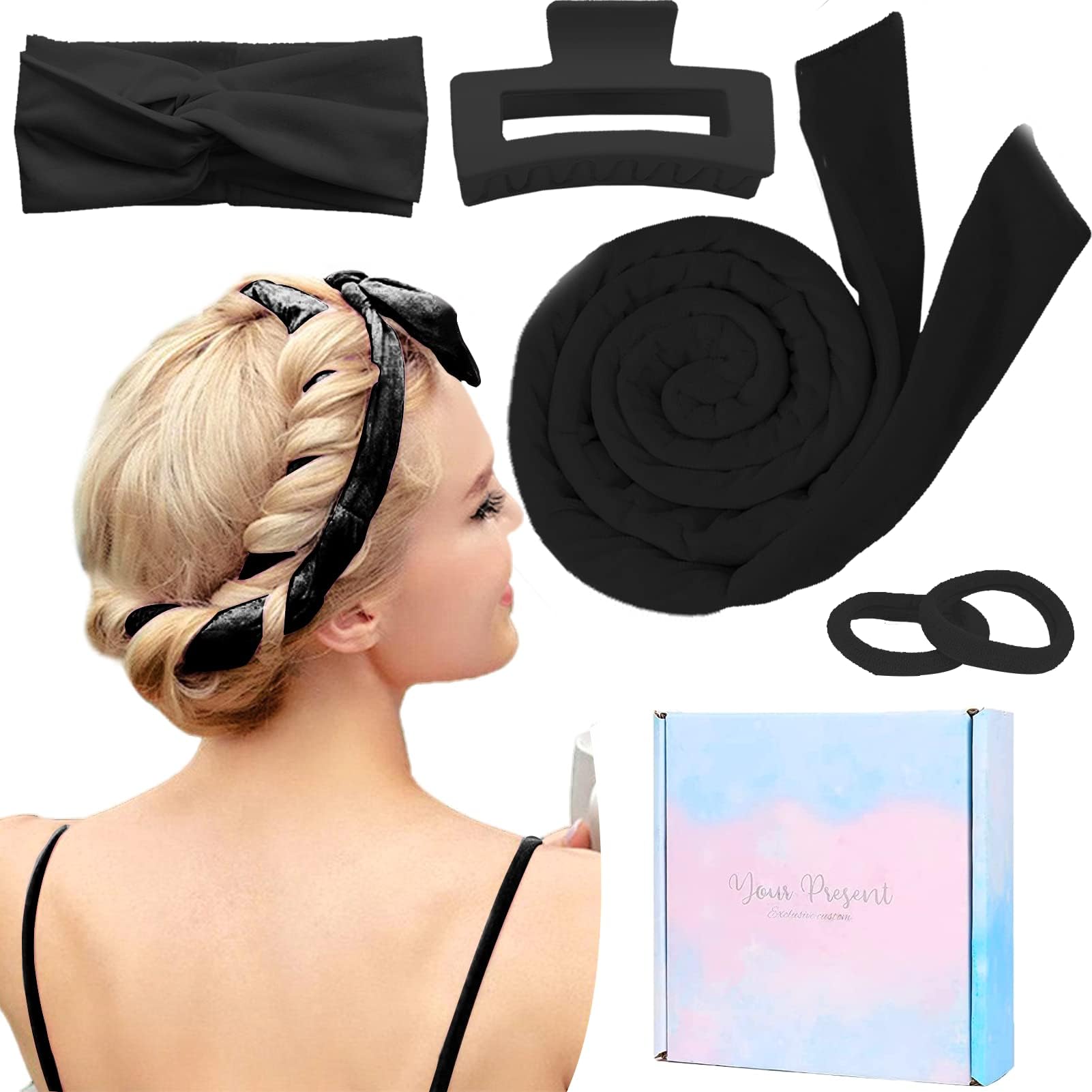 TOBATOBA Heatless Curlers Headband,Heatless Curls For Sleeping Overnight Heatless Hair Curling Set Soft Heatless Curling Rod Headband Wave Hair Curlers With Hair Clip Styling Tools (Black)